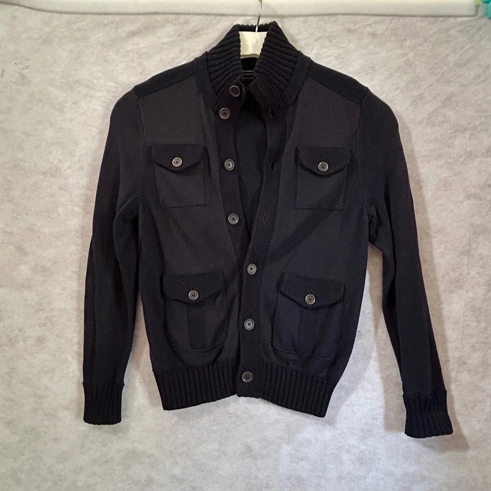 Banana Republic Mens Black 4-Pocket Military Cardigan Sweater Mock Neck M 719348